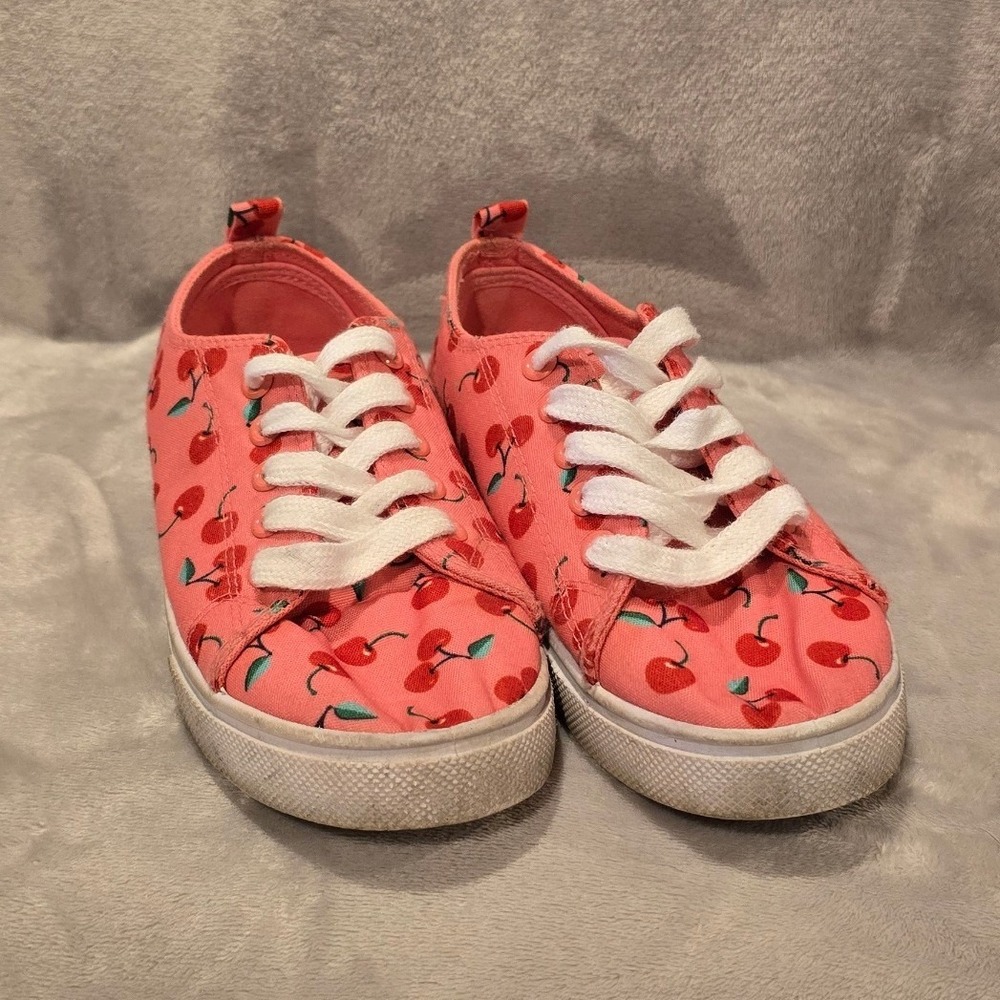 Pink Cherry Print Canvas Low Top Sneakers Lace Up Casual‎ Shoes Size 1